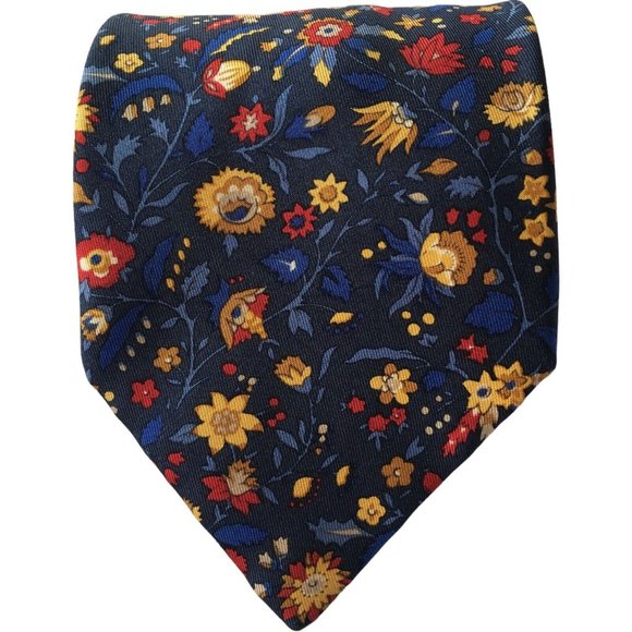 Liberty Floral Silk Twill Tie Made In England Blue Yellow Red Floral Print $160